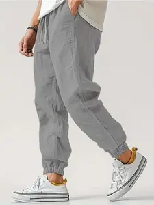 Men's Lightweight Linen Jogger Pants, Casual Elastic Waist Drawstring Trousers, Boho Comfy Trousers, Breathable Summer Beach Pants, Loose Fit Streetwear Joggers for Men, Casual Lounge Pants, Casual Outdoor Trouser, Jogging Pants