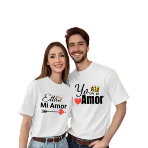 His Hers Yo Soy Amor Cotton T-Shirt Short Sleeve Heart Crown Design for Couples Romantic Valentines Day Gifts Soft Comfy Daily Date Outfits