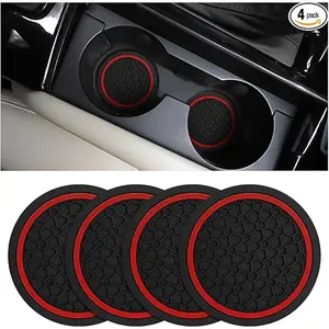 Car Cup Holder Coasters, 4 PCS 2.75 Inch Non-Slip Insert Water Bottle Holder Pads, Dustproof Automotive Interior Accessories Mat, Universal for Vehicles, Trucks, RVs and More Black/Red