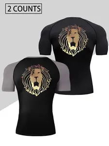 Men's Quick-Drying High-Stretch Slim-Fit T-Shirt, Gym Tees, Sports Tops - Lion Pattern Athletic Short-Sleeve, Moisture-Wicking Sportswear, for outdoor running, gym workouts, yoga - Machine washable, casual sportswear, elastic fabric