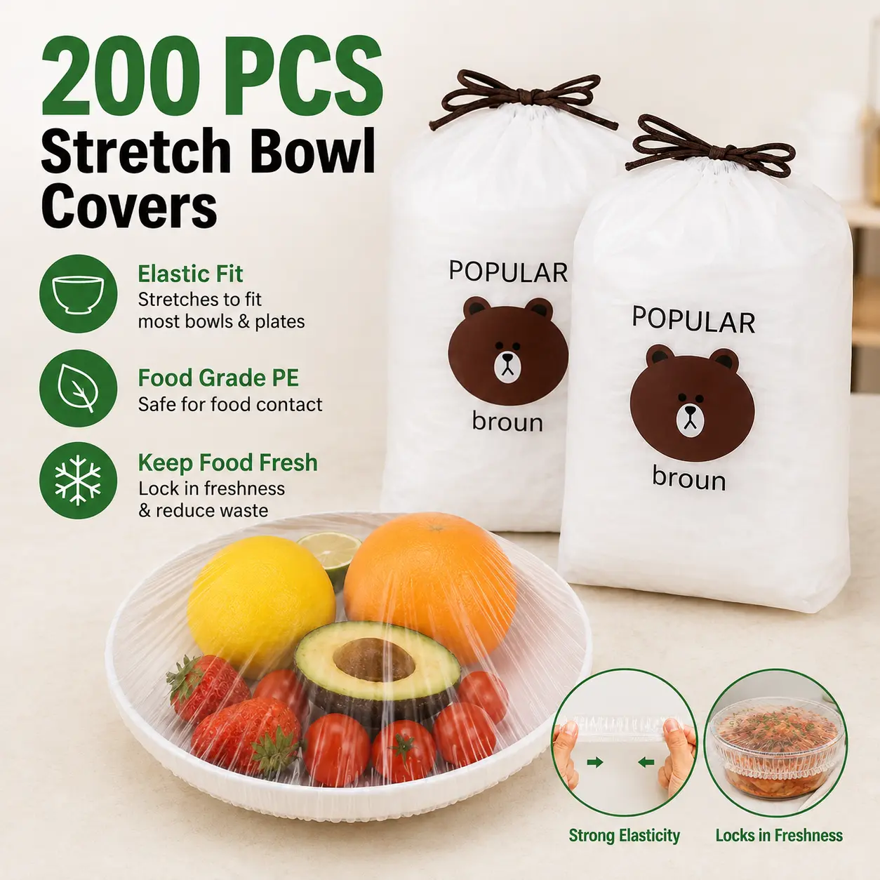 200PCS Disposable Flexible Elastic Cover Food Storage Containers, Plastic Wrap Alternative for Bowls, Plates, Leftovers, Snack Containers for Kitchen Food Preservation - MM2
