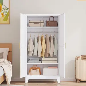 Metal Wardrobe Cabinet with Hanging Rod, 71" Metal Clothing Storage Cabinets with 2 Doors and Adjustable Shelves, White Armoire Wardrobe Closet for Bedroom, Laundry Room, Cloak Room Furniture Organization Ideas