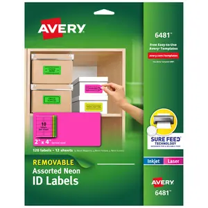 Avery Printable Labels with Sure Feed, 2" x 4", Assorted Neon Colors (Green, Magenta, and Yellow), Removable Adhesive, Laser & Inkjet Compatible, 120 Blank Labels Total (6481)