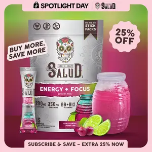 Salud 2-in-1 [Energy + Focus – Cherry Lime] Clean Energy Drink Mix, Agua Fresca, Organic Caffeine, B6 & B12, L-Theanine, Drink Packets, Non-GMO, Gluten Free, Vegan, Low Calorie, 1g Sugar (15 Servings)