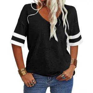 【Cuff splicing】PiePieBuy Women's  Soft V Neck Tshirt Half Sleeve Lightweight Solid Color Loose Fit Minimalist Top  Casual Comfortable Simple Womenswear shirts