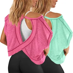 Buenoble Women’s Open Back Workout Tops Y2K Athletic Gym Slouchy Crop Running Tees Summervibes