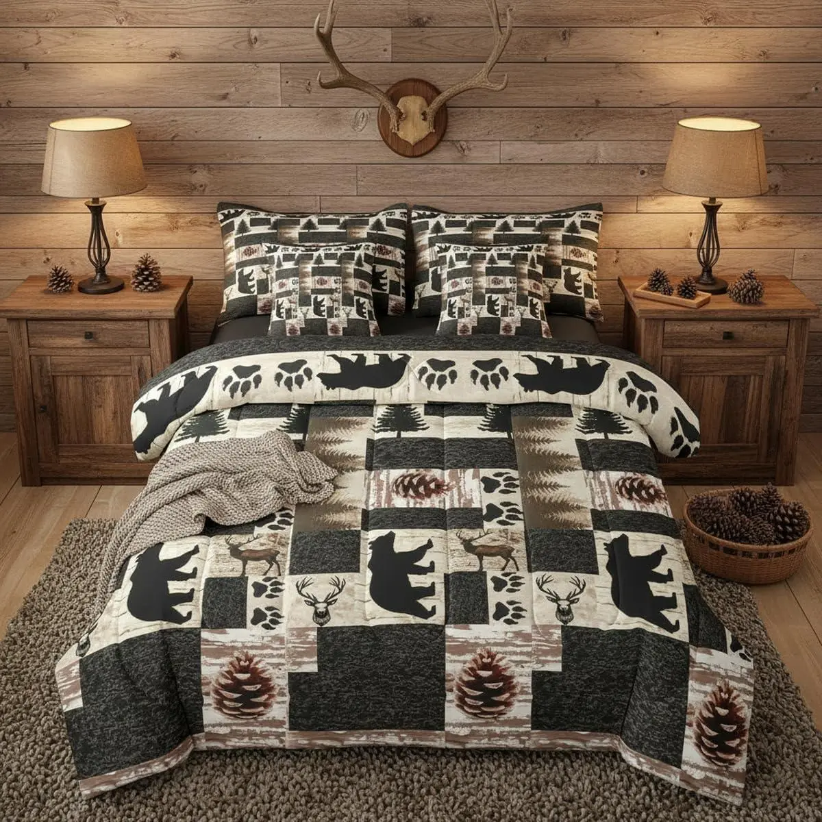 Feelyou 7-in-1 Rustic Cabin Bedding Sets Collections - Quilt, Bedspread Set, Sheets with Western Bear, Elk, Deer Animals Design, Farmhouse Style Home for Adult Bedrooms (Multi-Size), 7-In-1 Bedding Sets Collections