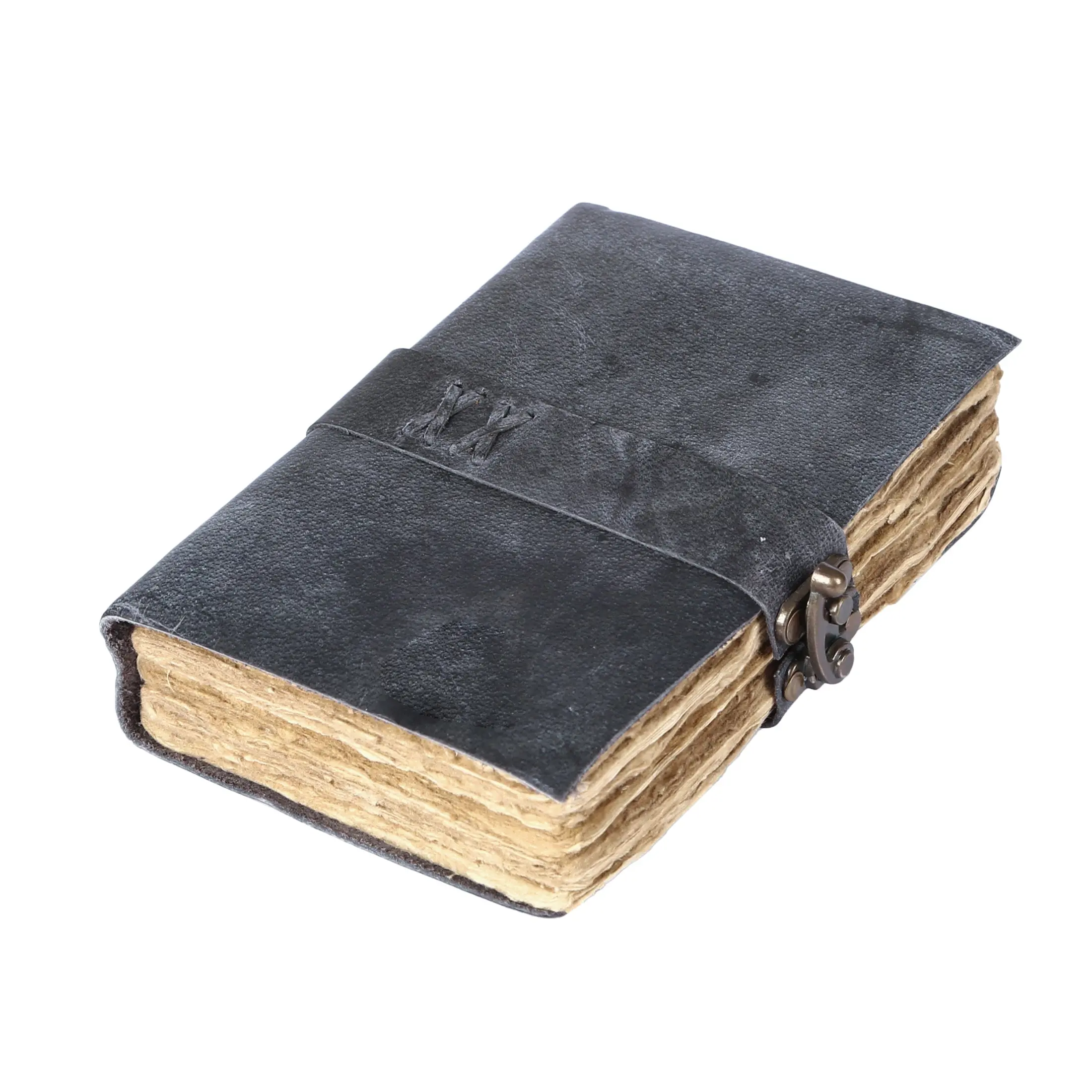 Handcrafted Grey Vintage Leather Journal with Lock – 200 Pages Deckle Edge Paper