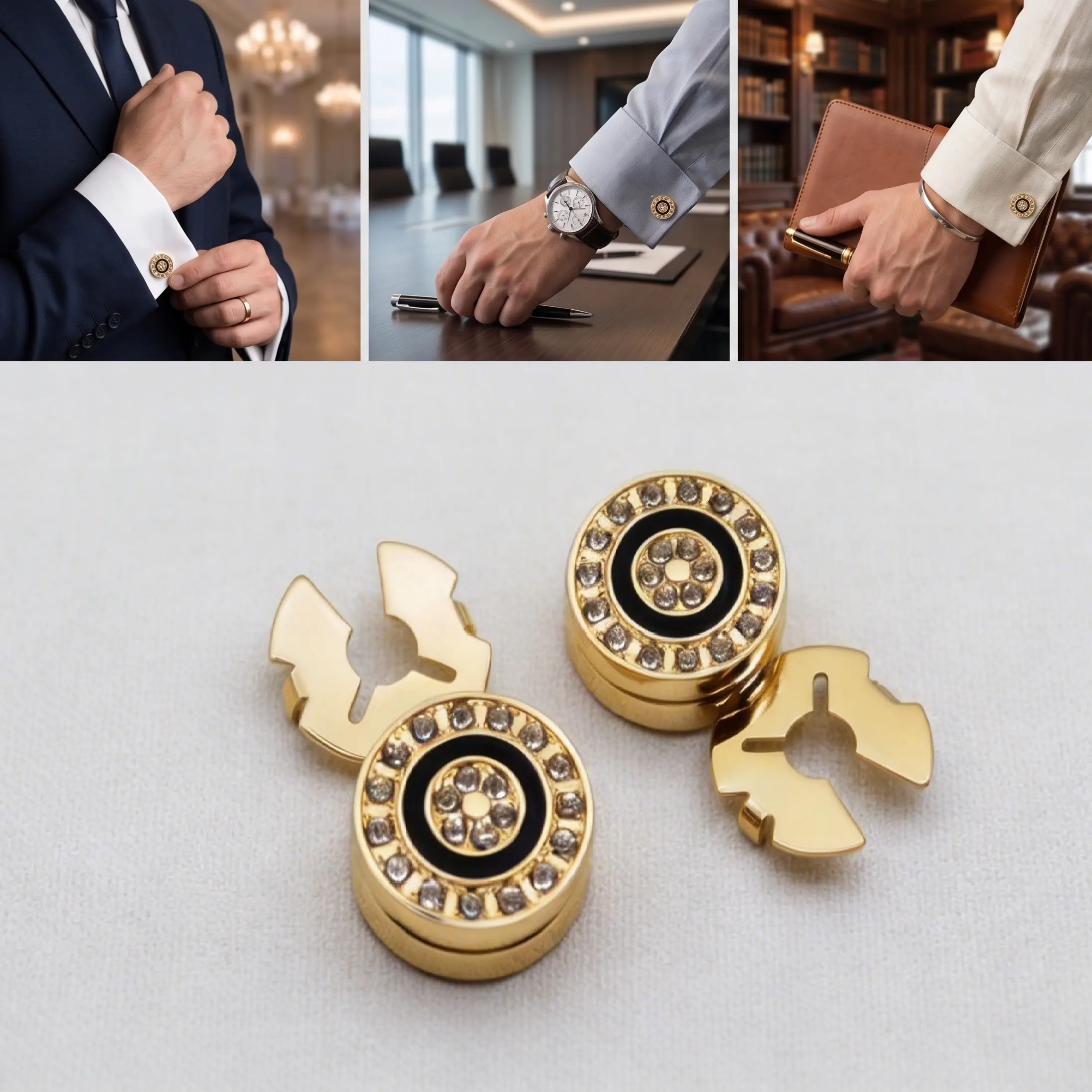 Gold and Black Enamel Cufflinks Set, Heavyweight Premium Brass, Formal Business and Old Money Wedding Attire, Anniversary Jewelry Gift for Men