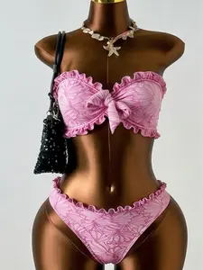 Two-Piece Ruffle Bikini Set, Girls' Rose Floral Pattern, Removable Shoulder Straps, Elastic Waist Design, Perfect for Summer Beachwear, Floral Swimsuit