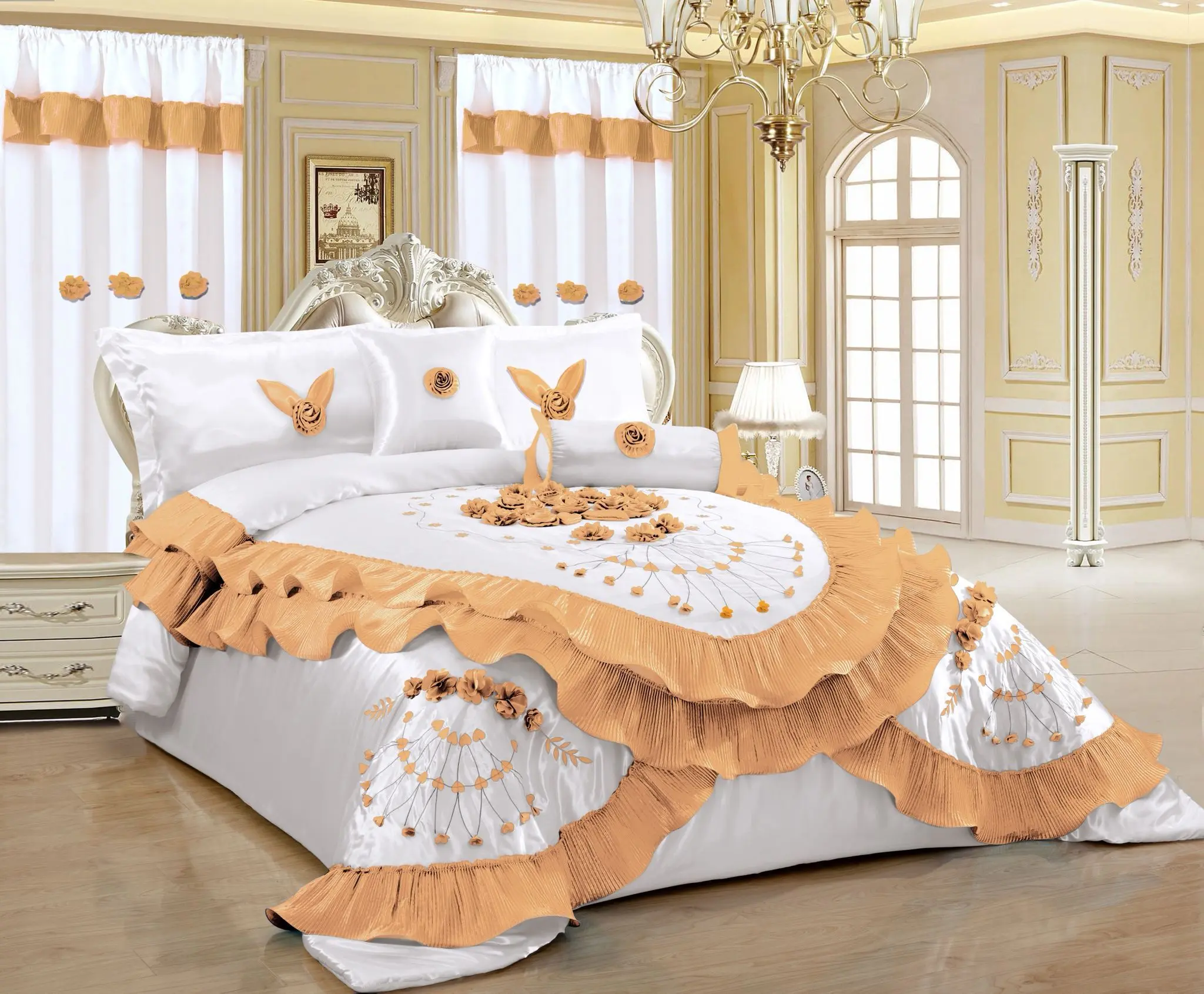 White And Gold Luxurious 7 Pcs Wedding Bedding Set