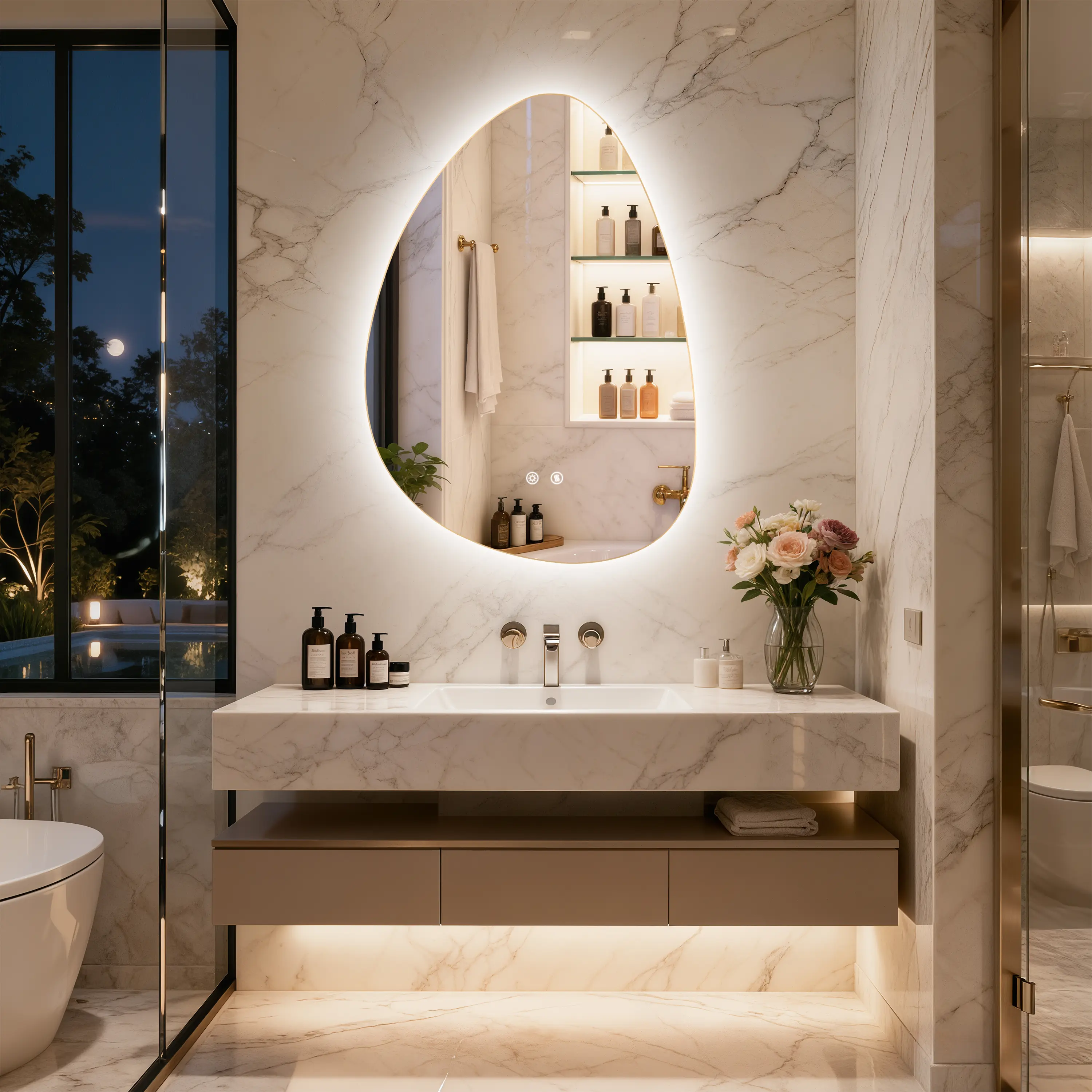 Irregular Pebble Oval Backlit LED Large Bathroom Mirror - Adjustable Lighted, Illuminated, Dimmable 3-Color, Anti-Fog, Vertical Mount for Bathroom Decor, Light Mirrors, Adjustable Lighted Mirror