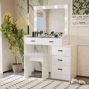 White LED Makeup Vanity Desk with 5 Drawers & Stool, Adjustable Dressing Table with Sliding Mirror and Hidden Storage, Makeup Vanity for Bedroom