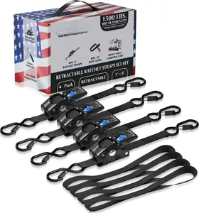 Based Retractable Ratchet Straps (4PK) 1in x 6ft - 1,500lb Break Strength, Heavy Duty Automatic Ratchet Straps Self Retractable Tie Down, Push Button Retracting  Trailer Cargo | Black