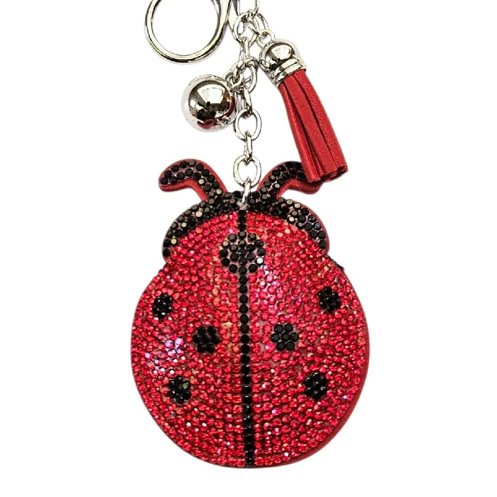 Ladybug Keychains with Rhinestones and Tassel Charm Red and Black Design for Purse and Bag Accessories