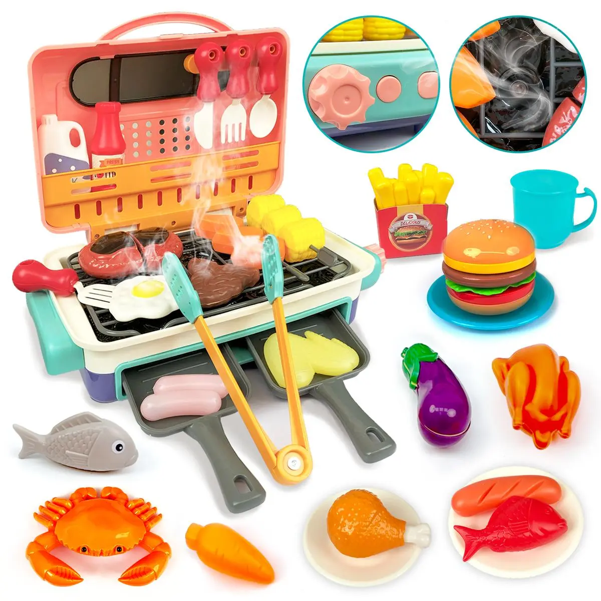 Barbecue Cooking Playset for Kids 3-8, Pretend Kitchen Toy with Spray Mist, Lights, Color-Changing Play Food, Interactive Play Birthday Gift Ideas