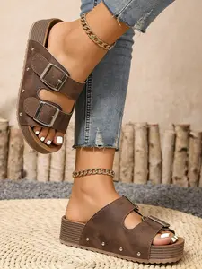 Women's Fashion Comfortable Thick Sole Low Wedges Platform Elevator Sandals, PU Upper Material, Rubber Sole, Dual Strap Design, Durable Summer Casual Shoes for Daily Wear