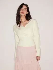 Knit V-neck Solid Lace Trim Wrap Long Sleeve Top