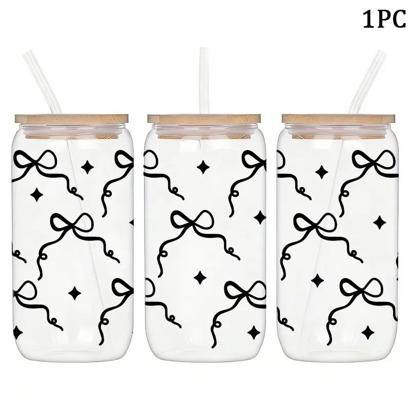 1pc 16oz Drinking Glass with Bamboo Lid and Straw, Black Bow Glass Cup, Beer Tumbler Drinkware for Mojito Soda Smoothies Whiskey Iced Coffee Cocktail Tea Juice, Whiskey Glass Gift