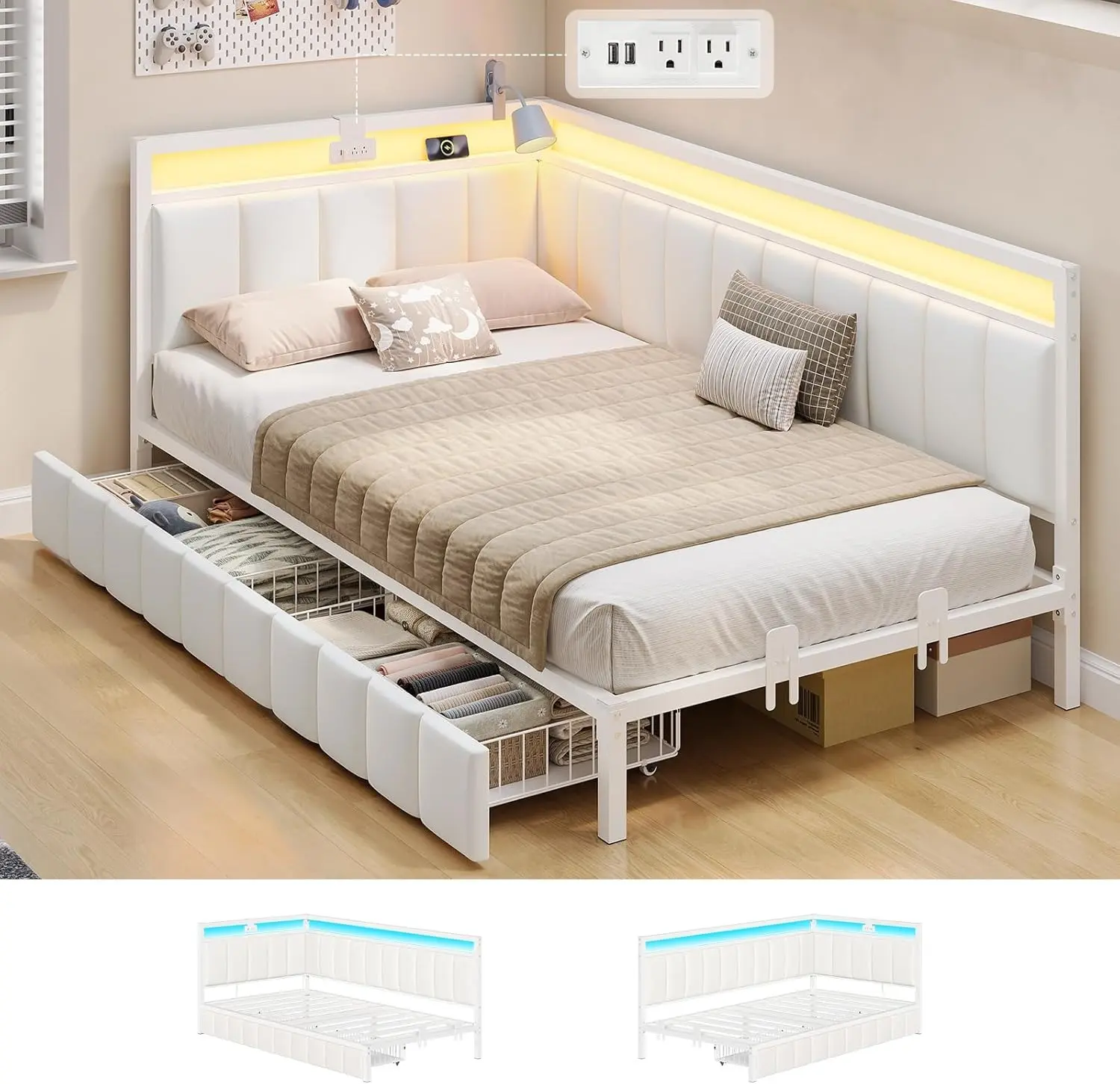 Sikaic Corner Bed Frame with Storage Drawers, Daybed with Linen Fabric Upholstered Fence, Kids Bed Unit with LED Light and Charging Station, Modern Bed Frame, Beige Platform Bed White Romantic Bed DealsForYouDays Summerwins