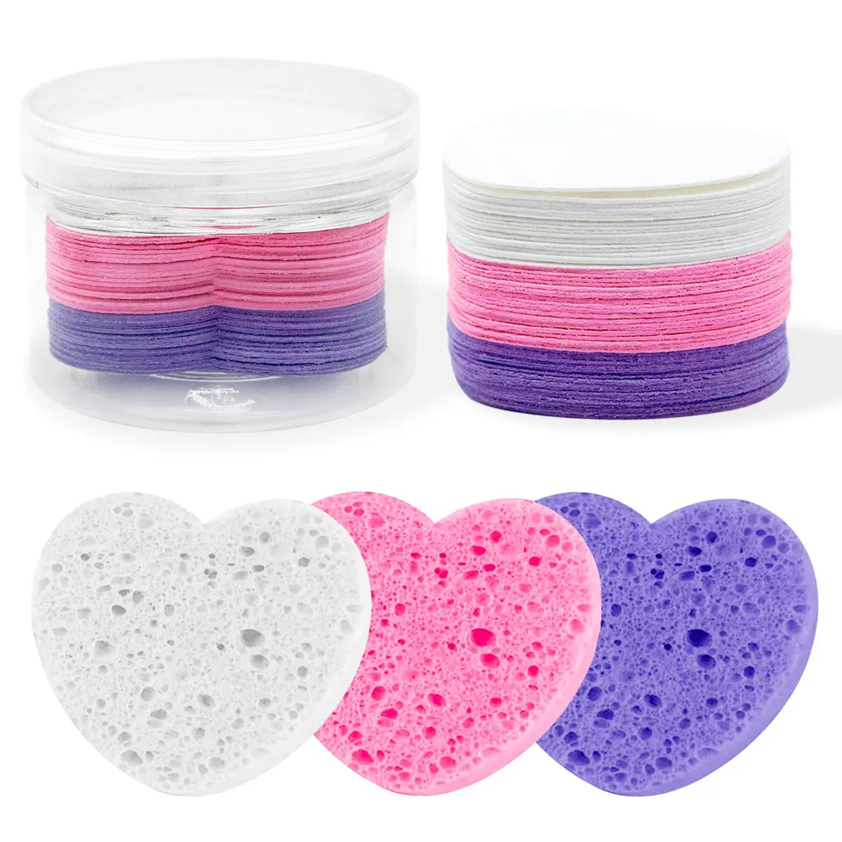 60 Canned Compressed Face Sponges for Beauticians, Beauty Tool, Heart-Shaped Natural Cellulose Sponges, Facial Cleansing, Massage, Mask, Makeup Remover, Facial Care Tools