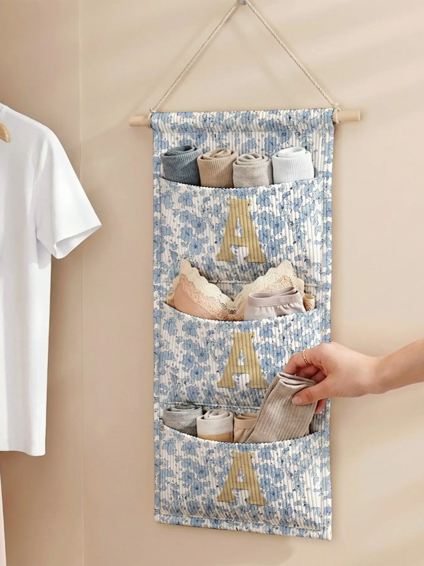 Kitchen Door Hanging Storage Bag, Floral Letter a Pattern, 3-Tier Multi-Compartment, Organize Kitchen Tools, Spices, Towels, Small Items