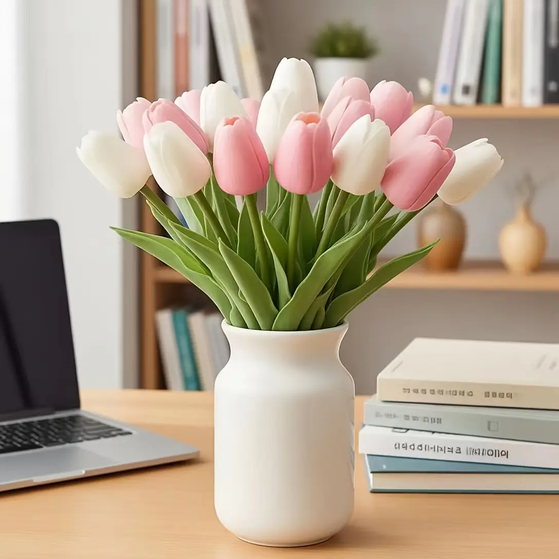 12-Piece Glam PU Decorative Artificial Floral Arrangements, Realistic Touch Tulips (Bright Pink & White with Green Leaves), for Home Decor, Canada Day, Juneteenth Celebrations, Pu Material