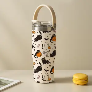 1 Pc 30oz skinny insulated mug, double wall thermal cup, cute Halloween cat and bat pattern, leak-proof lid, hot cold drinks tumbler, fall aesthetic mug for women men, gift for spooky season, keeps warm 12h cold 24h, Tumbler Drinkware, Insulated Cups