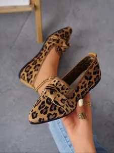 Women's Casual Slip-On Loafers, Leopard/cow Print Pointed Toe Ballet Flats, Fashion Versatile Design, Soft Rubber Sole Shoes for All Seasons, Walking Shoes, Footwear
