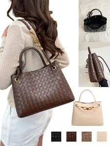 Elegant Hand-Woven PU Leather Bag, Classic Handbag, Vintage Buckle, Large Capacity, Perfect for Work Commute & Daily