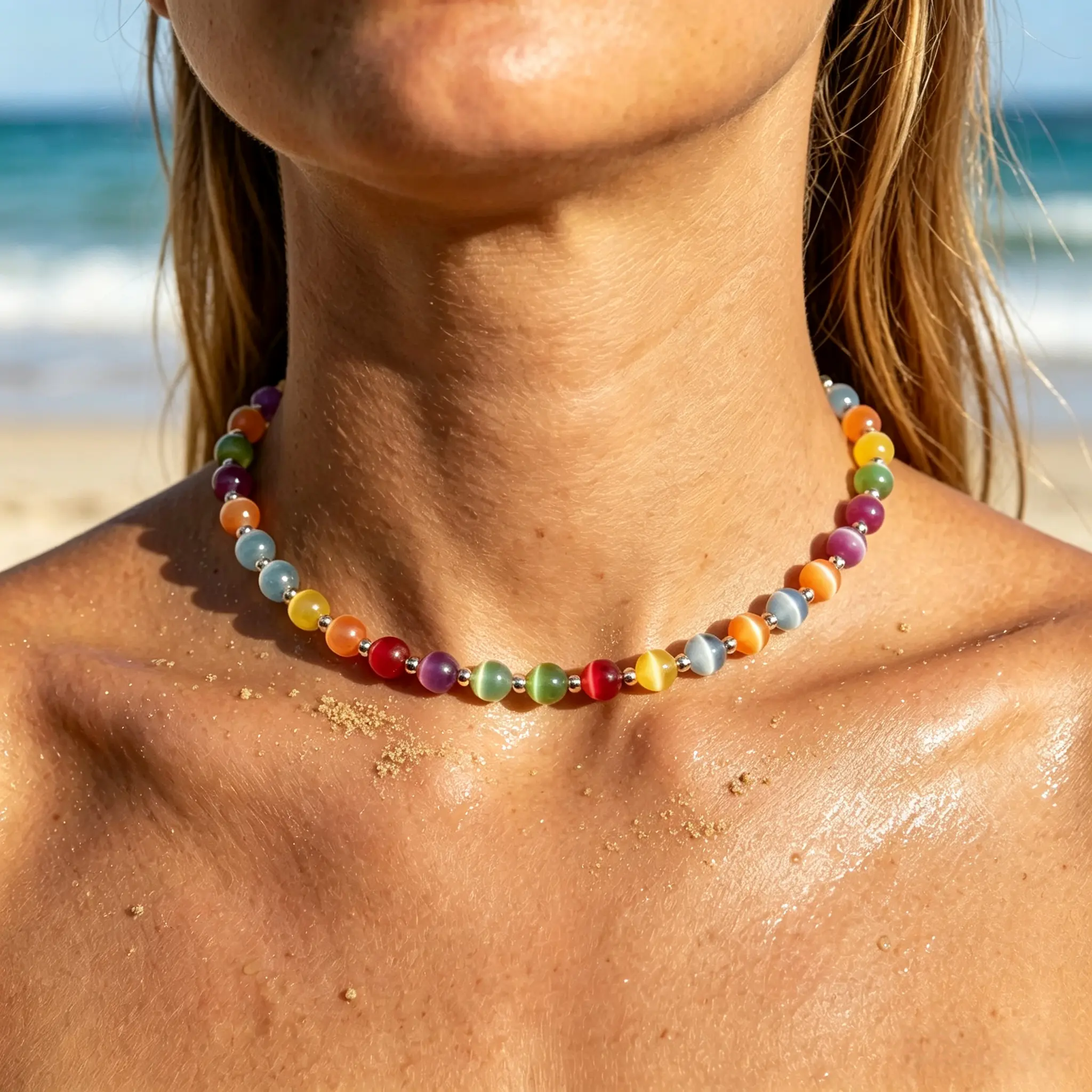 Boho Rainbow Beaded Dopamine Choker - Colorful Beaded Necklace, Dainty Stainless Steel Stackable, UV-Reactive Waterproof Summer Costume Jewelry, Dainty Choker Necklace, Daily Wear, Casual, Ethnic, Female, Shell Pattern, Retro, Short