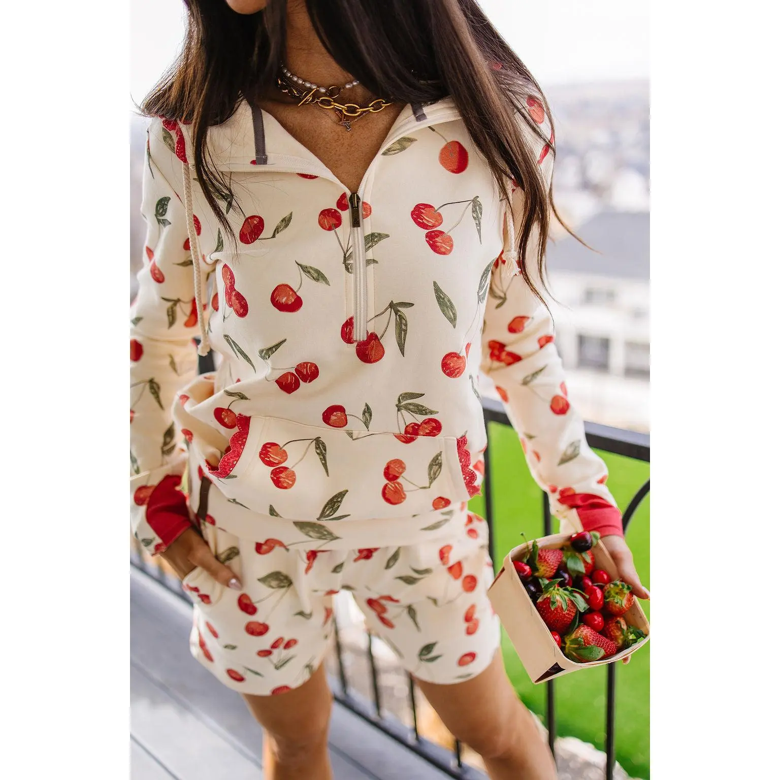 HalfZip Sweatshirt - Cherry On Top | Womenswear Hoodie Casual Lightweight Stretchy | Cherry Print Lace Trim | Plus Size