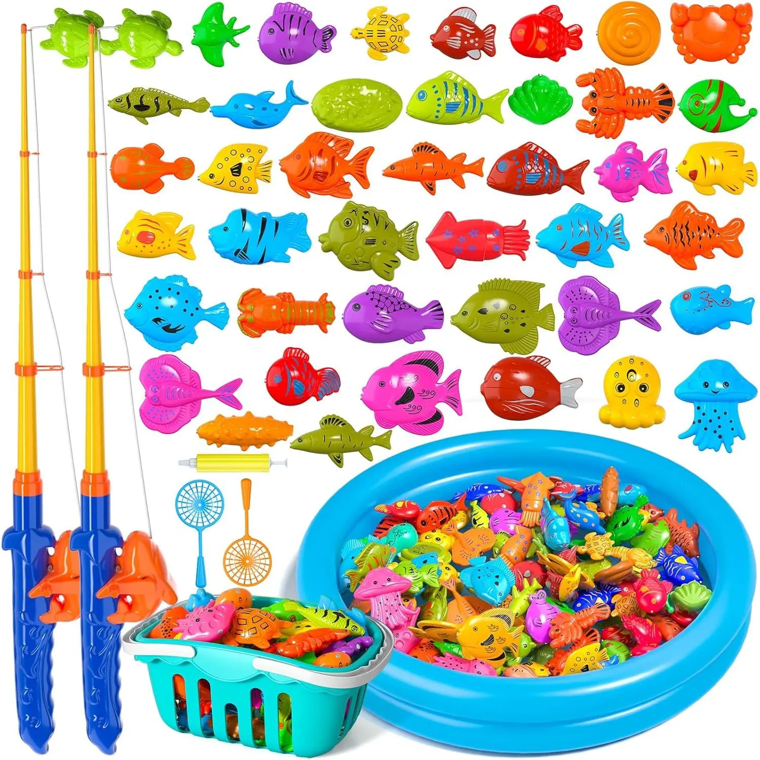 48pcs Magnetic Fishing Game Water Playset - Bath Time Educational Toys for Water Play Table, with Floating Fish, Magnetic Pole Rod, Net, Rubber Duck Assortment