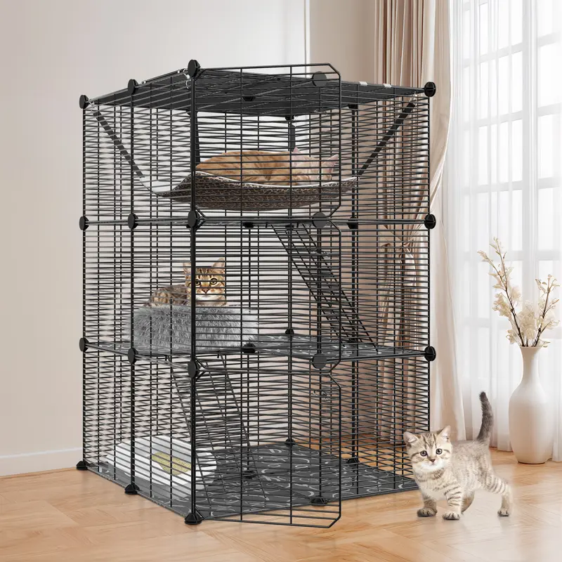 Pet Republic 3-Tier DIY Wire Metal Kennel Carrier - 27.9x27.9x41.6in Metal Frame, Secure Hook-Top Stair, Hammock, Skylight Top, 22lb-26.8lbs Capacity, Indoor Enclosure Cages & Pens for 1-2 Cats/Small Animals (DIY Kit Included, for Bedrooms)