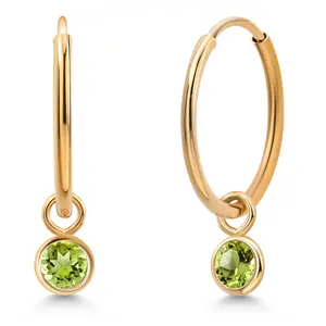 14K Yellow Gold Green Peridot Snap Closure Continuous Endless Drop Dangle Hoop Earrings For Women (0.24 Cttw,  Round 3MM)