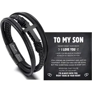 To My Son Grandson Bracelet From Mom Grandma, Eternal Guardian Faith Love You Forever Linked Together  Leather  Cuff Mens Stainless Steel