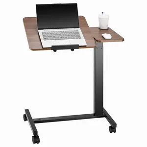 Overbed Table and Bedside Cart With Flip Desktop, Four-Wheel Rolling Laptop Desk, Height and Angle Adjustable, Cup Holder, Portable Over Bed Desk for Home Office Study, Wooden Top in Black Finish