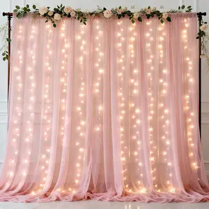 2 Pack 10*8ft Pink Tulle Backdrop Curtains with Lights String - 600LED Fairy Lights Sheer Backdrop for Wedding Baby Shower Photo Shoot Birthday Decoration(4 Panels 5*8ft),Pink
