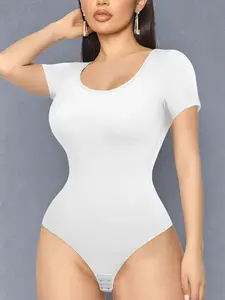 High Elasticity Silky Lightweight Bodysuit Short Sleeve, Round Neck Elegant Design, Breathable Invisible Fit, All Season Wear, Waist Reducing Shapewear