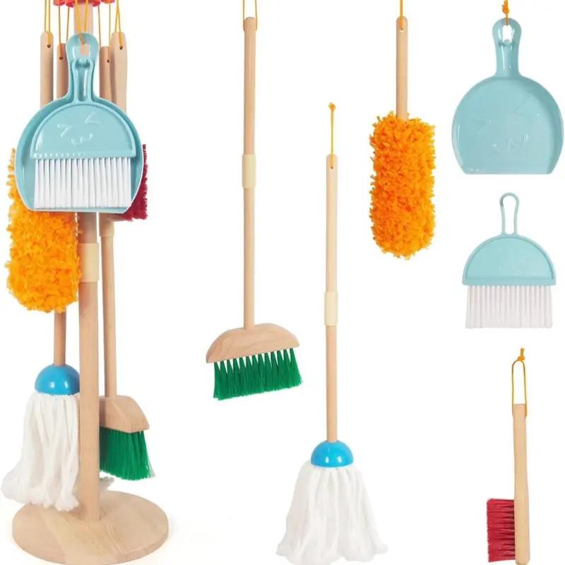 Wooden Kids Cleaning Toy Set, Child-Sized Household Pretend Play Toys for Toddlers, Child-Sized Household Toys
