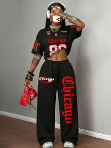 Women's Casual Streetwear 80s Number 'chicago' Print Round Neck Short Sleeve Fit Top Tee and Loose Drawstring Pants Set, Summer, Womenswear