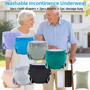 Washable Incontinence Underwear Combo Pack-3pcs cloth diapers + 2pcs inserts + 1pc storage bag，Comfort and dignity for mom/dad. The softest, washable adult briefs for elderly care/Postpartum/Mobility Issues/Post-Surgery#Reusable Adult Diaper