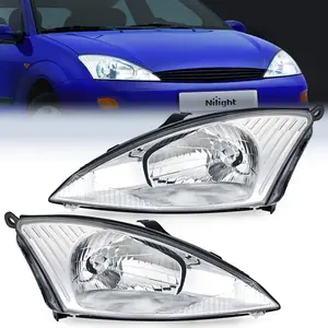 Nilight 2000 2001 2002 2003 2004 Ford Focus Headlight Assembly Chrome Housing Clear Reflector Upgraded Clear Lens, Chrome Look, H4 Bulb