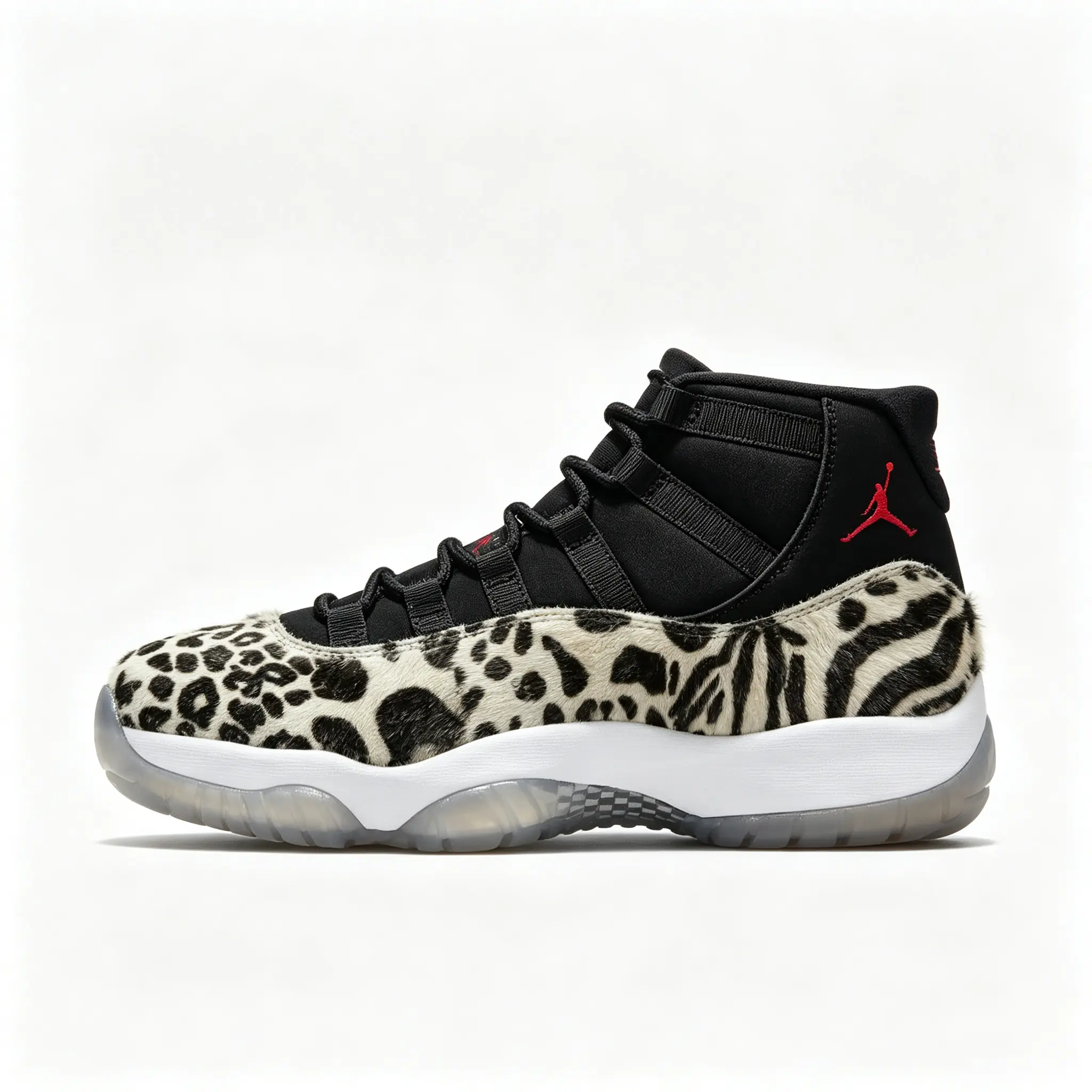 Brand New Sealed with Original Shoe Box High-Top Retro Basketball Sneakers, Black Upper with Leopard Print Panels, White Midsole, Translucent Clear Outsole, Men Streetwear Casual Fashion Sneakers Daily Training Outdoor Sports Footwear