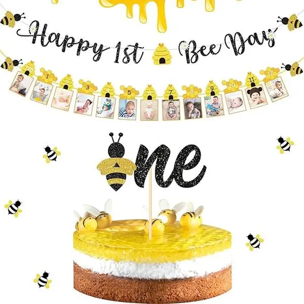 3 Pcs Happy 1st Bee Day Party Decorations, Bee 1st Birthday Baby Photo Banner and Cake Topper, Bee Decorations Bee Birthday Party Decorations for Boys Girls Newborn