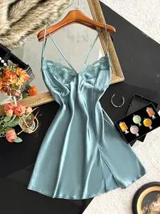 Women's V Neck Lace Trim Spaghetti Strap Sleepwear, Comfortable Home Wear, Nighttime Sleeping Gown, All-Season Fashion