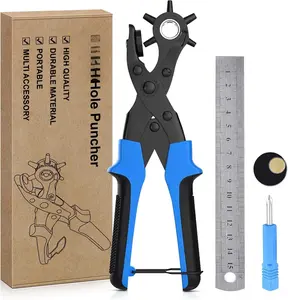 Professional Leather Hole Puncher, Full Set Punch Tool Kits for Belt, Watch Band, Shoe, Crafting, Handbag Straps, Fabric, with Extra Punch Plates and Ruler, Multi Hole Sizes Make - Blue