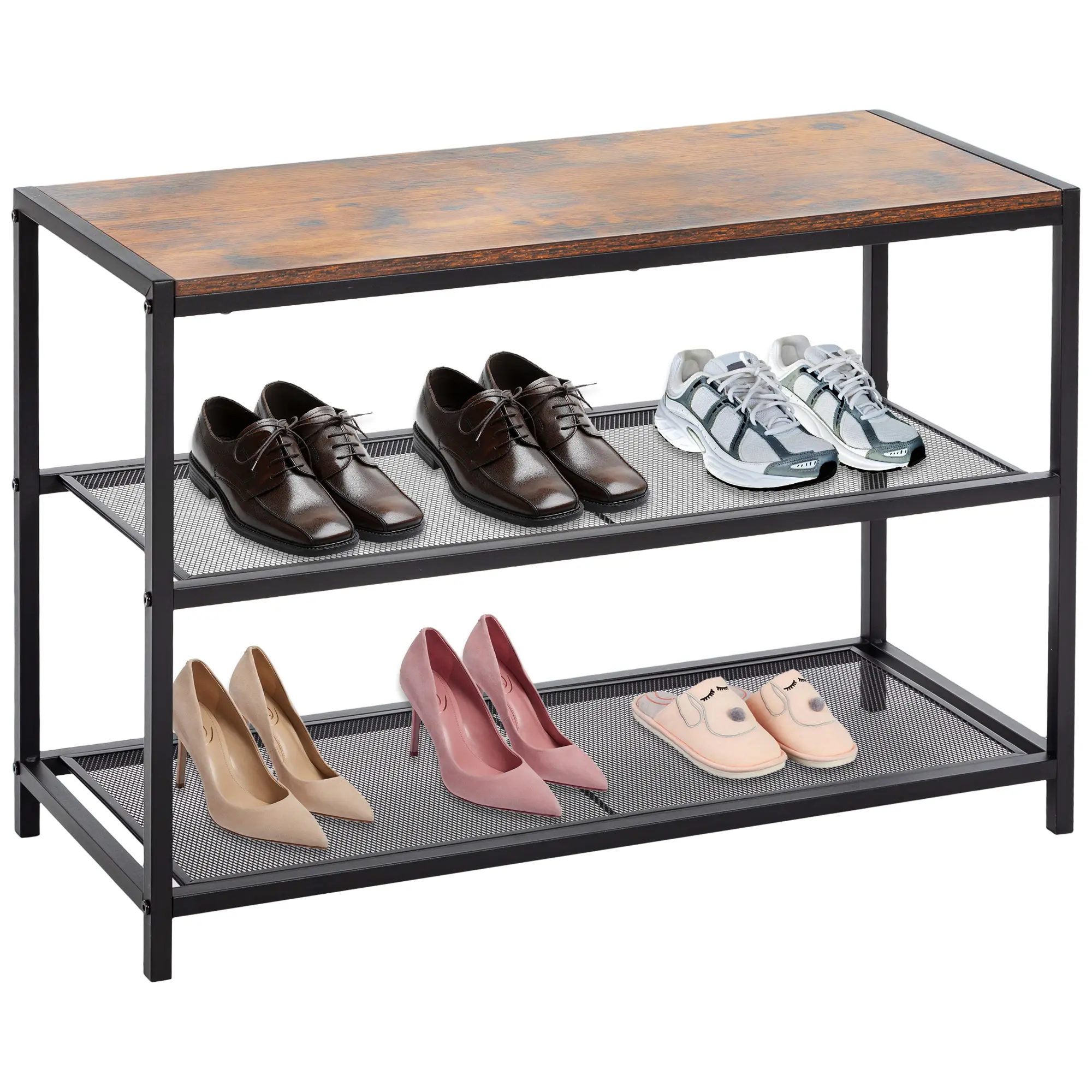 3-Tier Shoe Bench with Storage, Industrial Entryway Sturdy Shoe Rack Organizer Bench with Mesh Shelves for Entryway, Hallway & Living Room, Easy Assembly