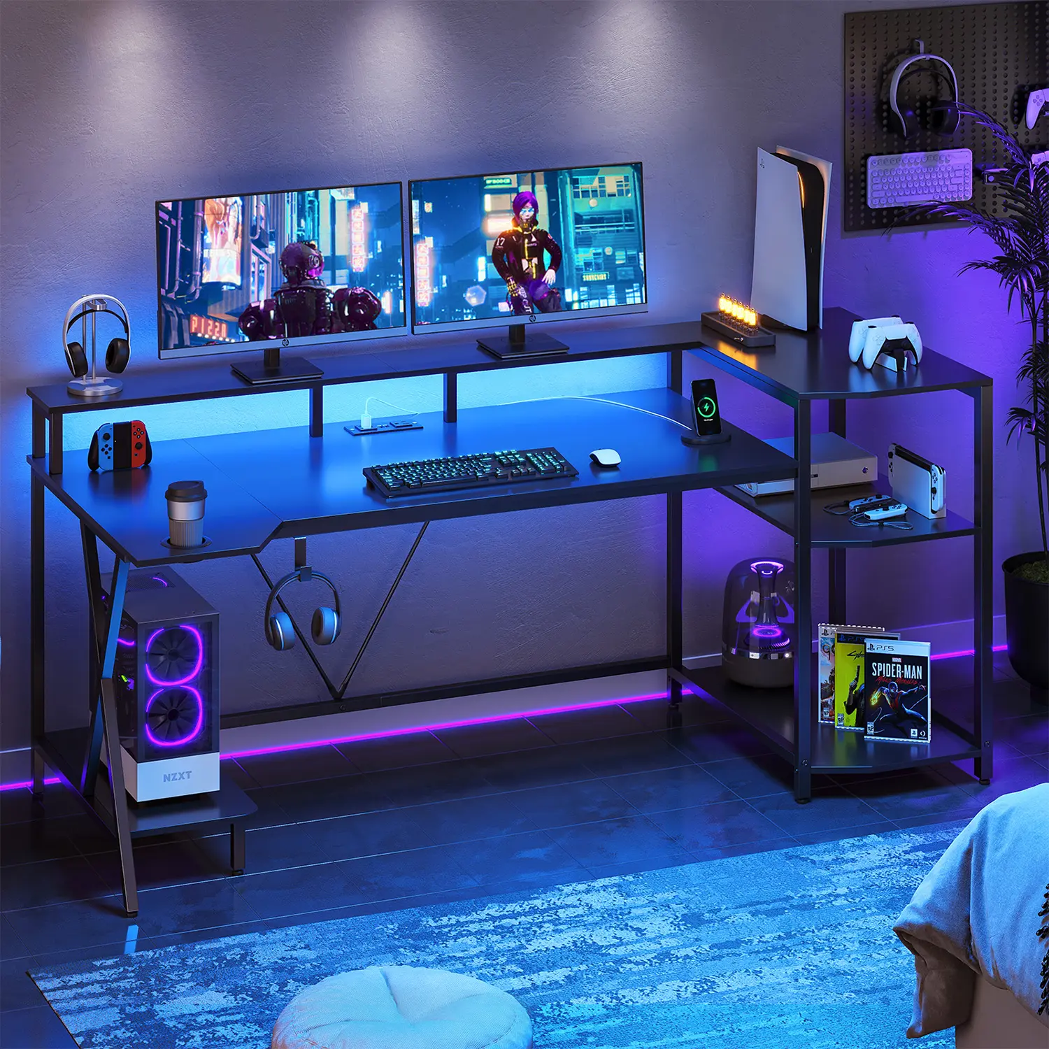Sedeta 70.8 in. Large Modern Wood Multi-Functional Desk - Home Office Furniture, 2 PC Work Space Dual Monitor Computer Workstation with LED Lights, 3-Tier Gear Shelves, Built-In Power Outlets, Cup Holder, Ergonomic Durability, Computer Monitor Stand