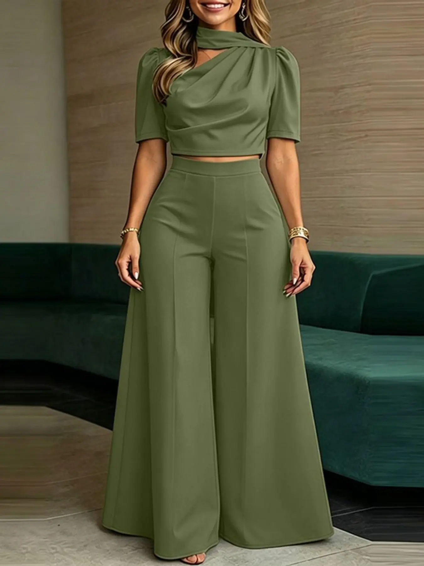 Women's Casual Suit Set, Plain Loose-Fitting Short Sleeve Top and High Waist Wide Leg Pants, Ideal for Everyday Wear, Comfortable and Stylish